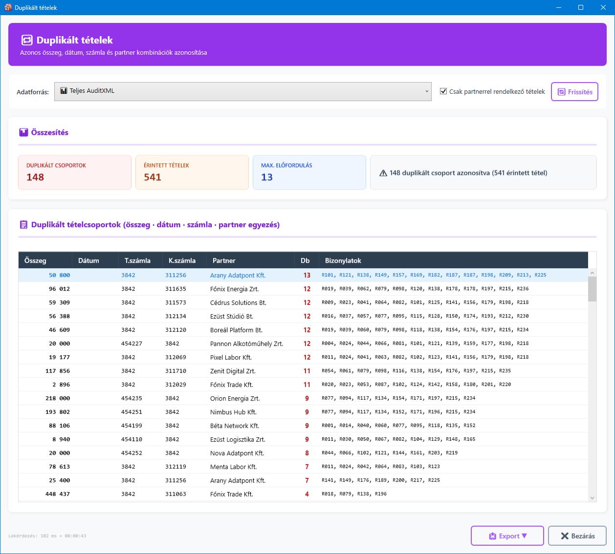 Duplikált tételek főképernyő