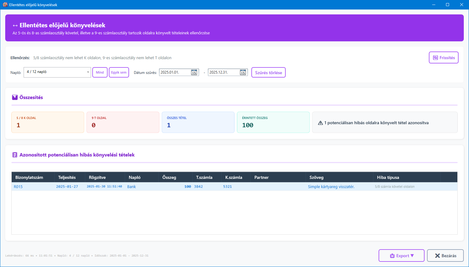 Ellentétes előjelű könyvelések főképernyő