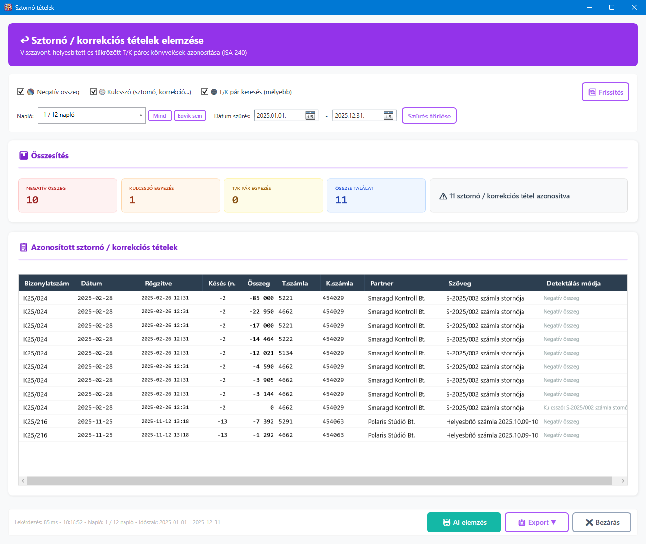 Sztornó és korrekciós tételek főképernyő