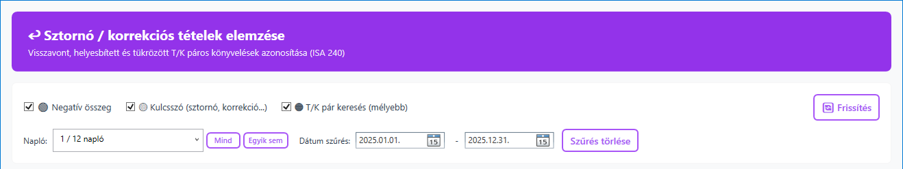 Sztornó és korrekciós tételek szűrési beállítások