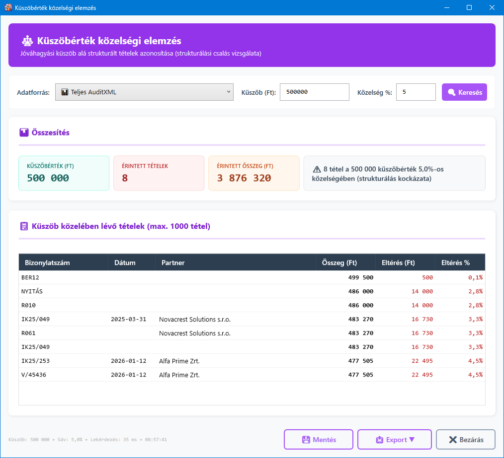 Küszöbérték közelségi elemzés főképernyő