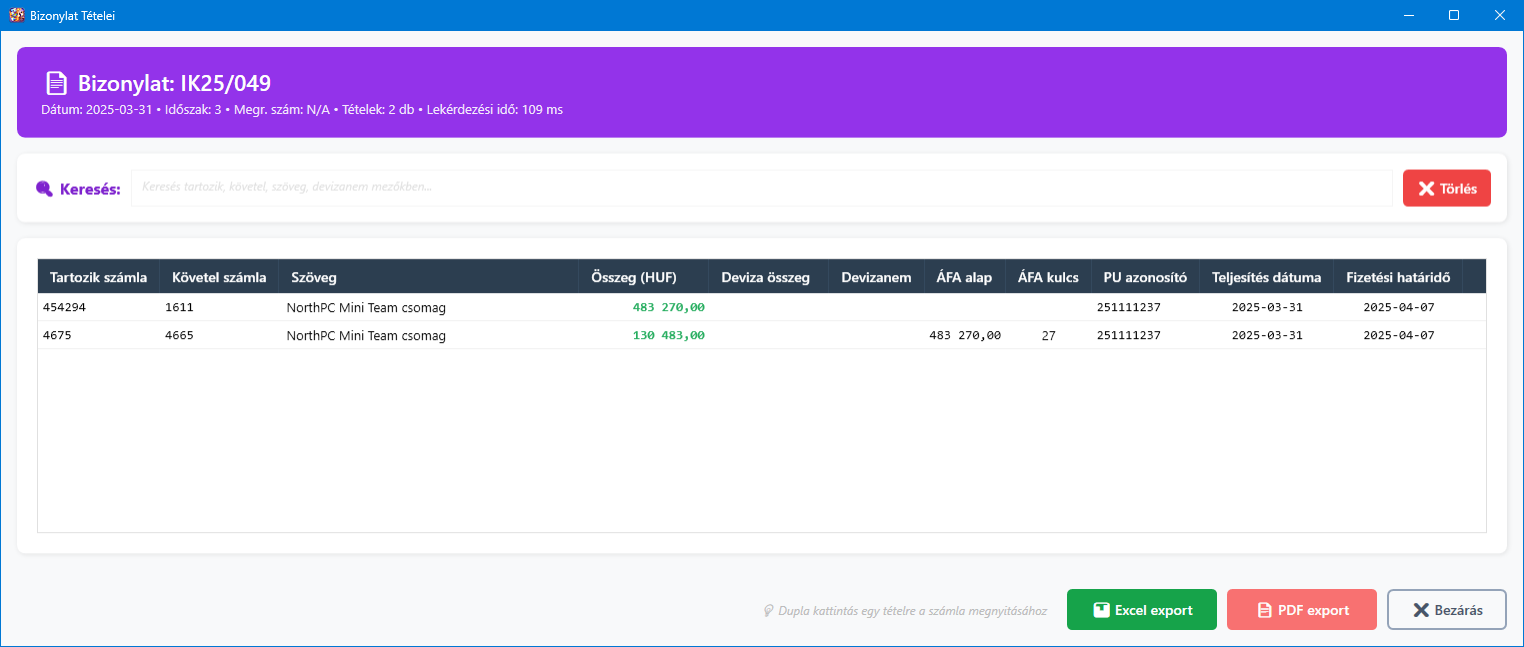 Bizonylat részletek küszöbérték közeli tételekből