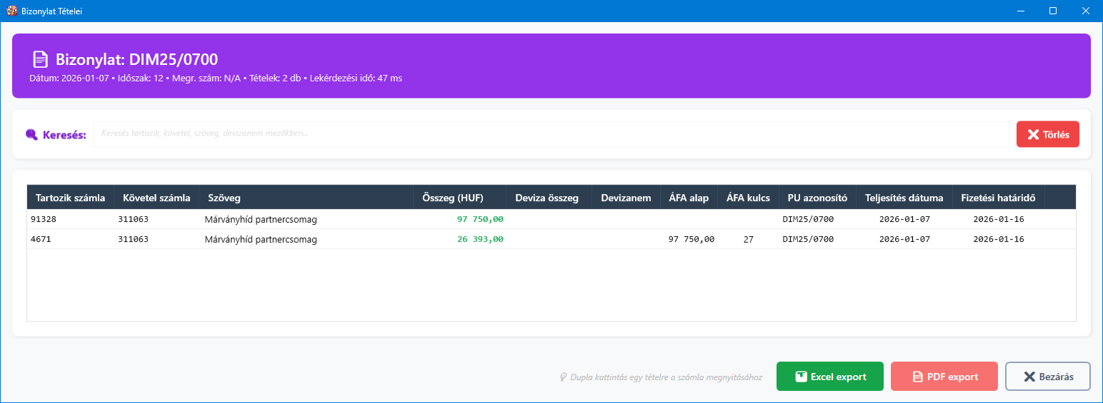 Bizonylat részletek hétvégi tételekből
