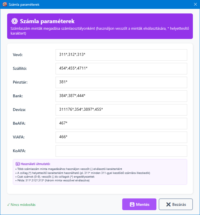 Számla paraméterek főképernyő