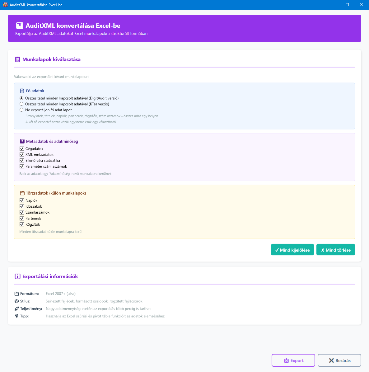 AuditXML Excel export főképernyő
