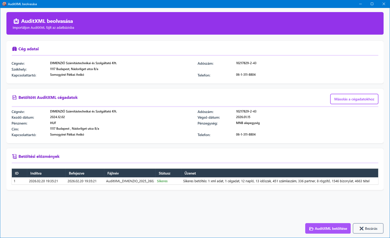 AuditXML beolvasása főképernyő