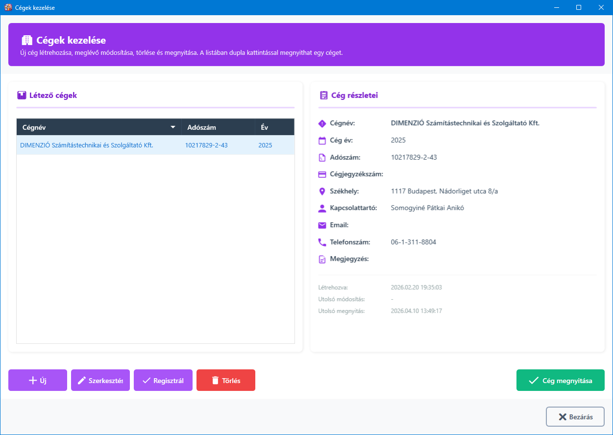 Cégek kezelése főképernyő