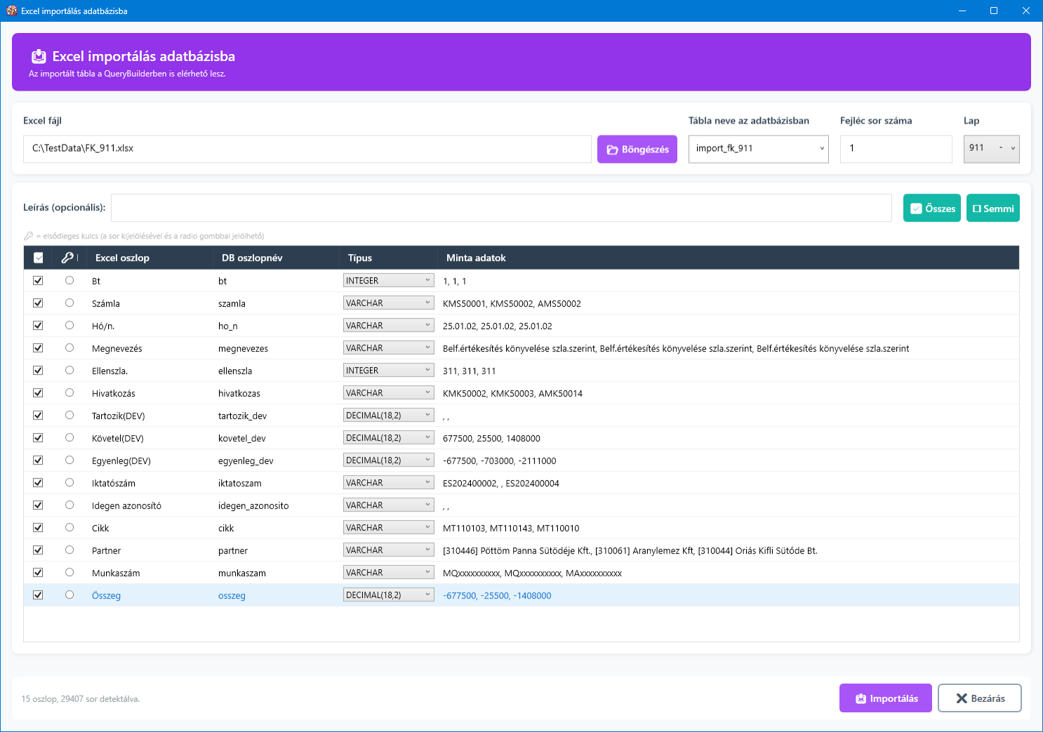 Excel importálás adatbázisba főképernyő
