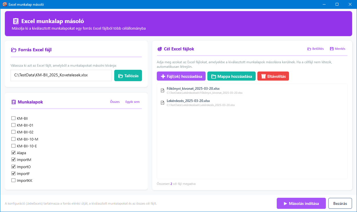 Excel munkalap másoló főképernyő