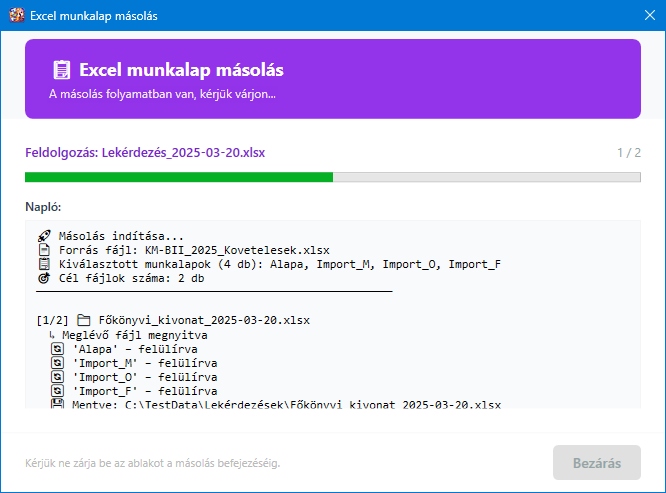 Excel munkalap másoló folyamatablak