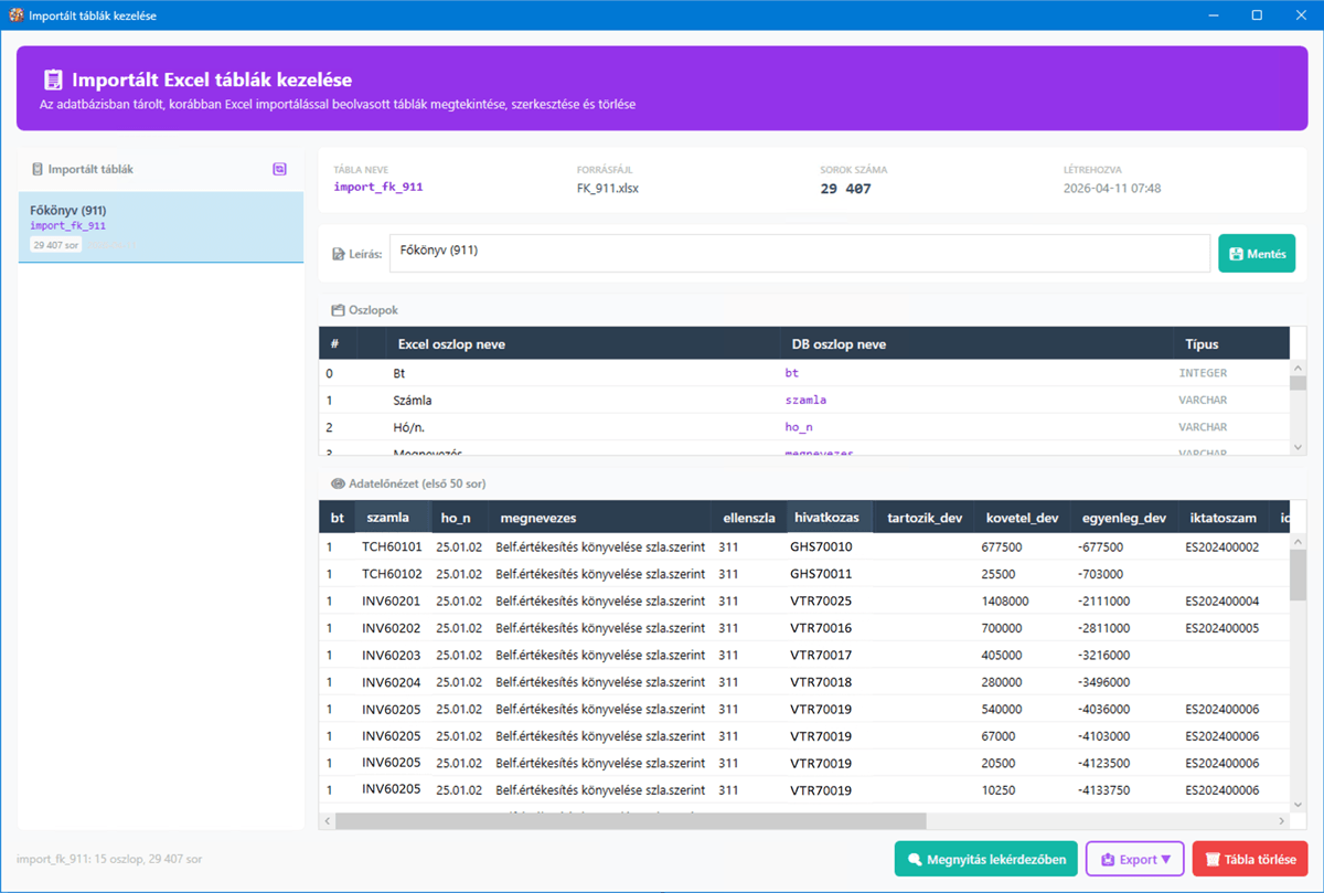 Importált táblák kezelése főképernyő