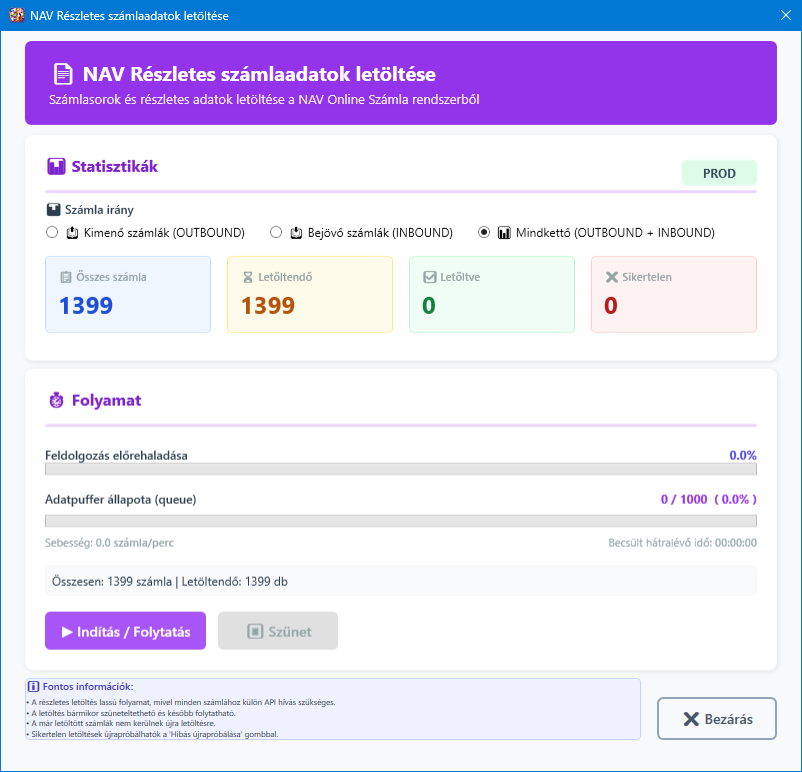 NAV részletes számlaadatok letöltése főképernyő