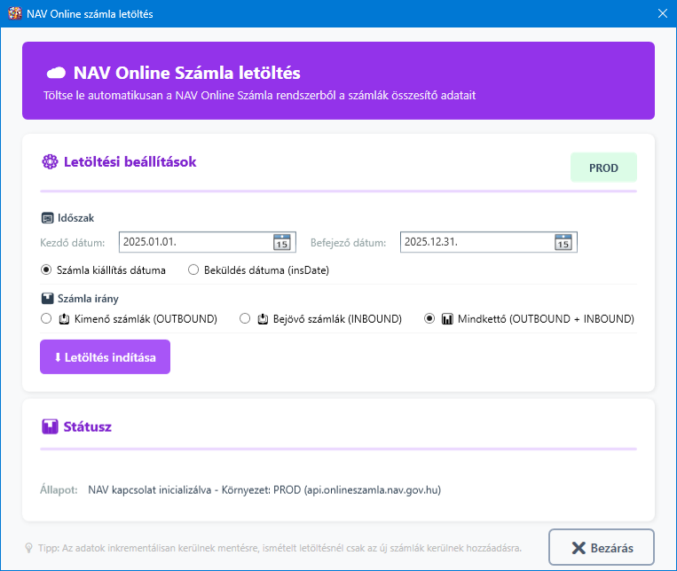 NAV Online Számla letöltés főképernyő