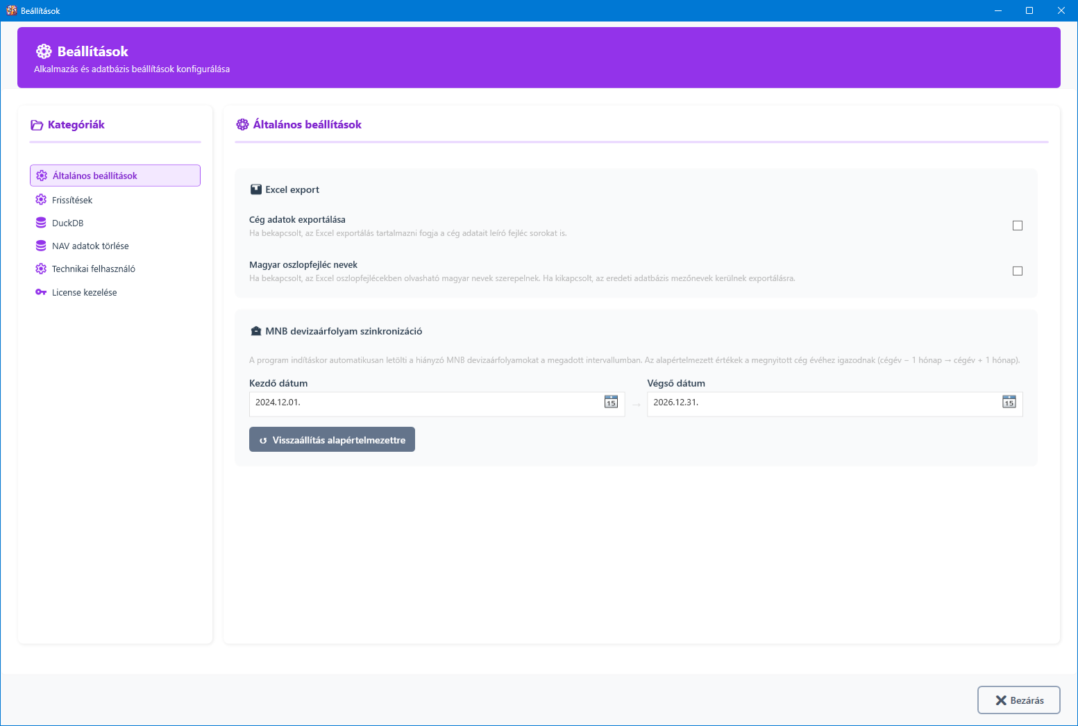 Beállítások főképernyő