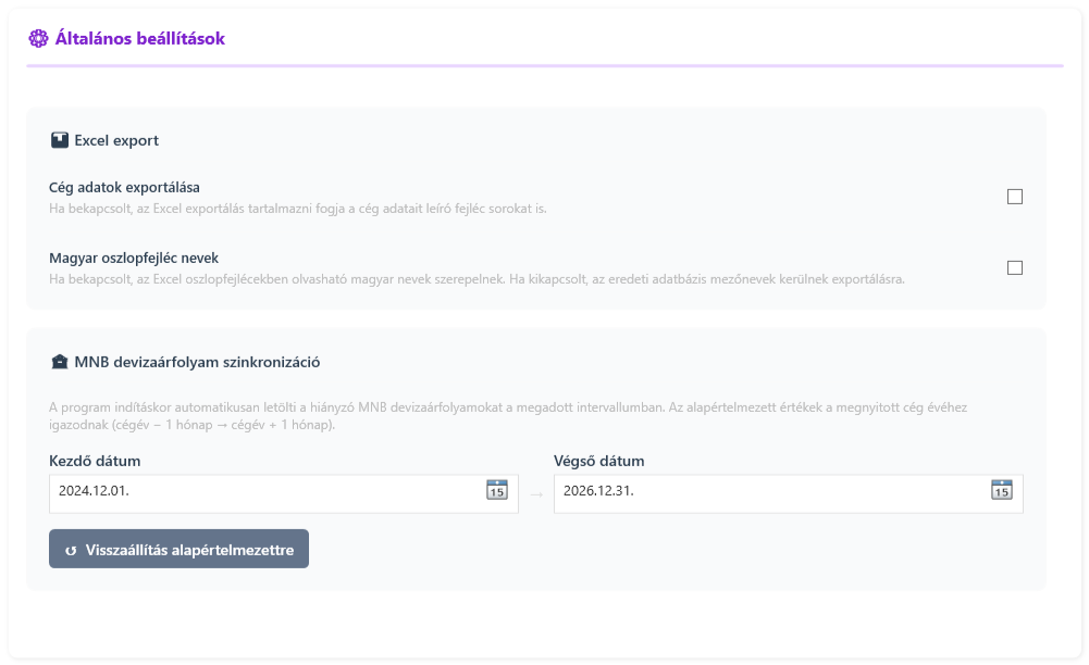 Beállítások általános beállítások
