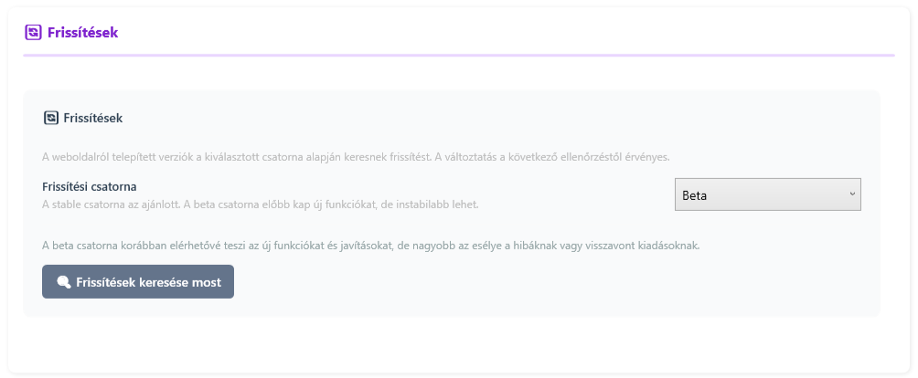Beállítások frissítések