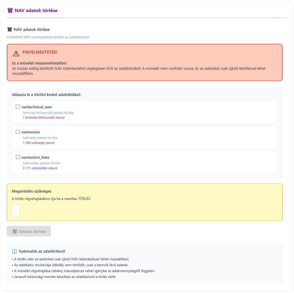 Beállítások NAV adatok törlése