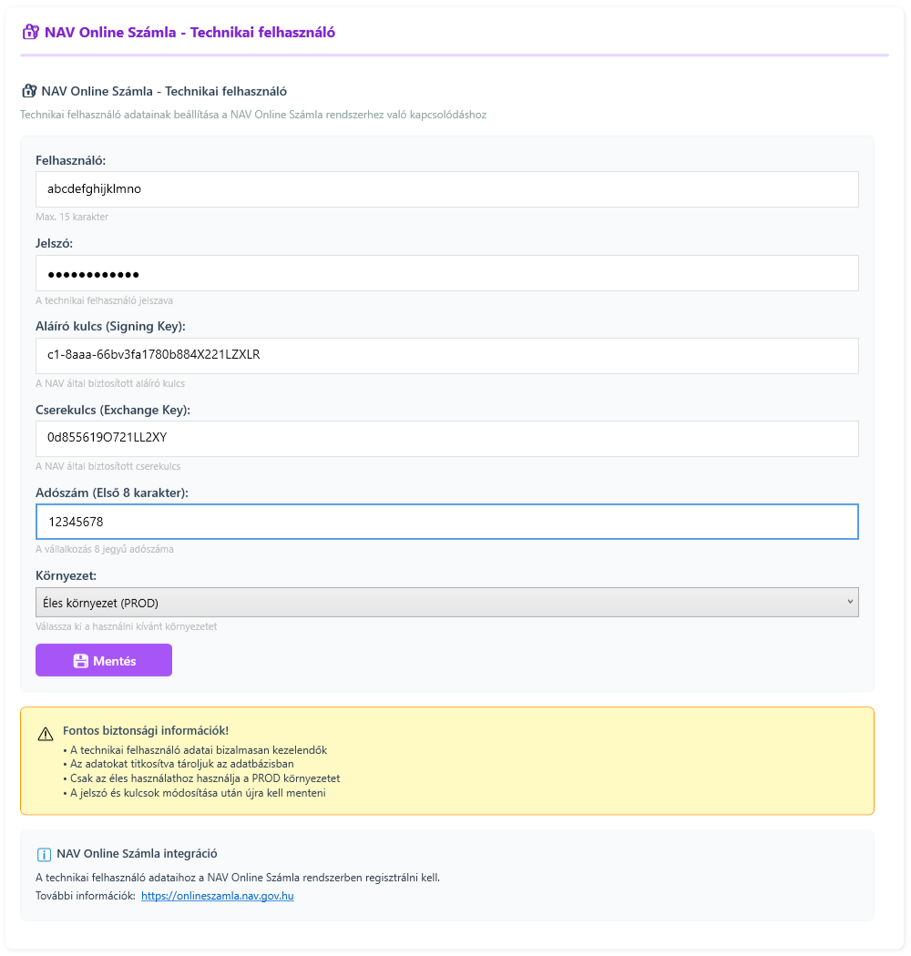 Beállítások technikai felhasználó