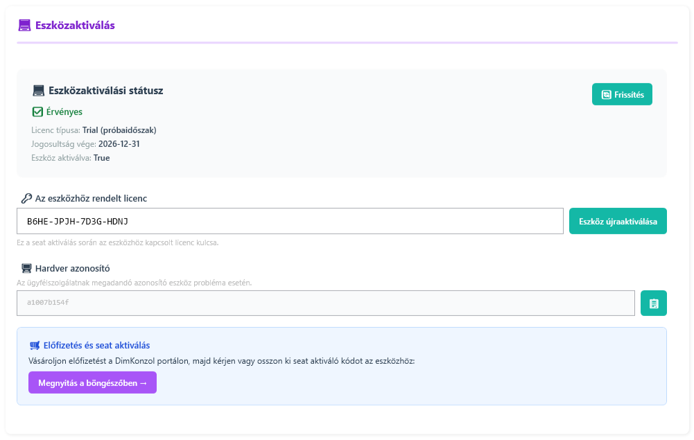 Beállítások licenckezelés és eszközaktiválás