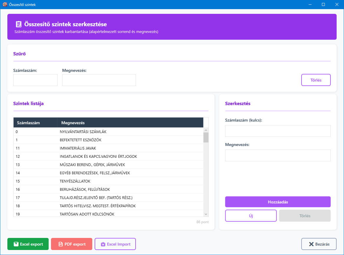 Összesítő szintek főképernyő