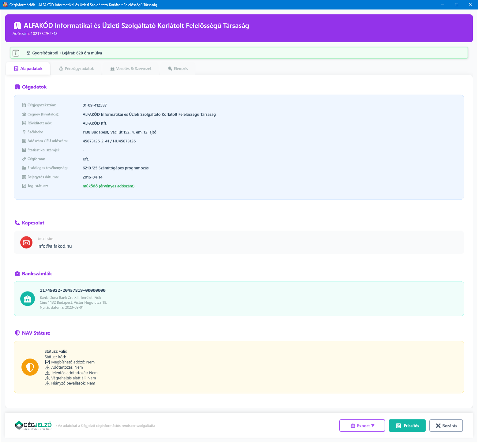 Cég adatok főképernyő