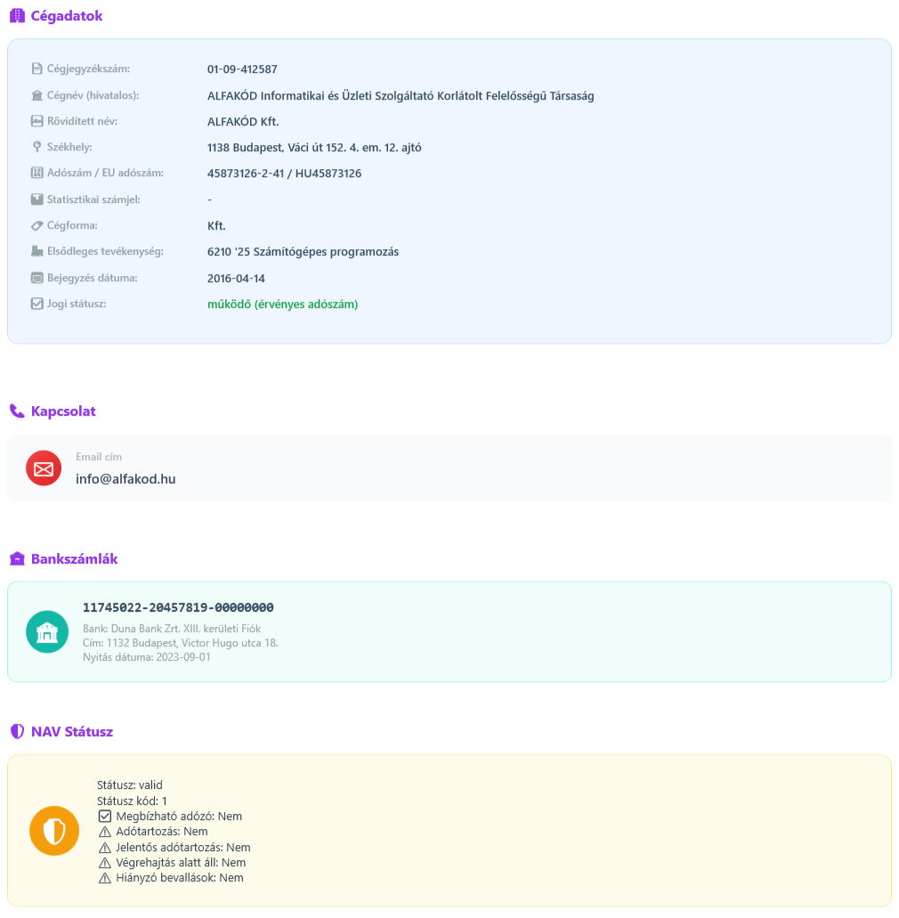 Cég adatok - Alapadatok fül