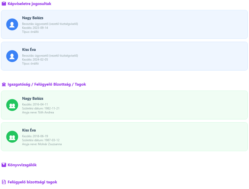 Cég adatok - Vezetés és szervezet fül