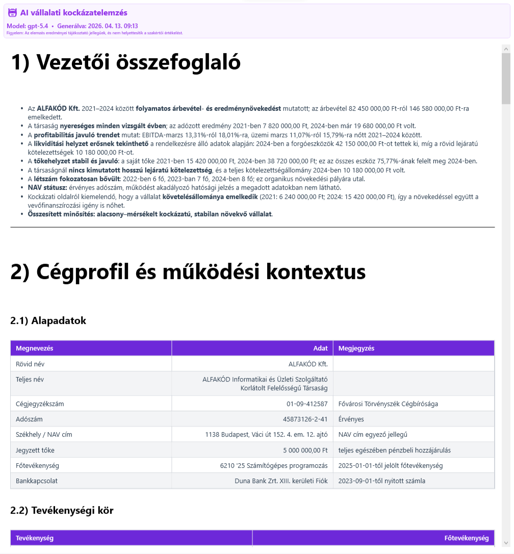 Cég adatok - Elemzés fül