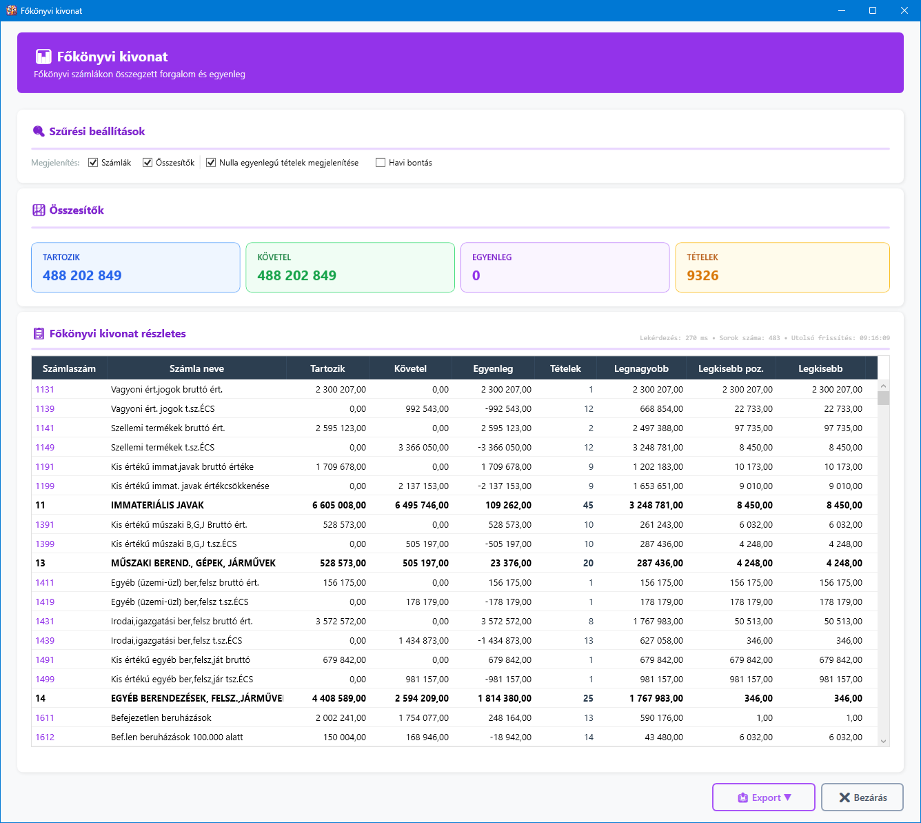 Főkönyvi kivonat főképernyő