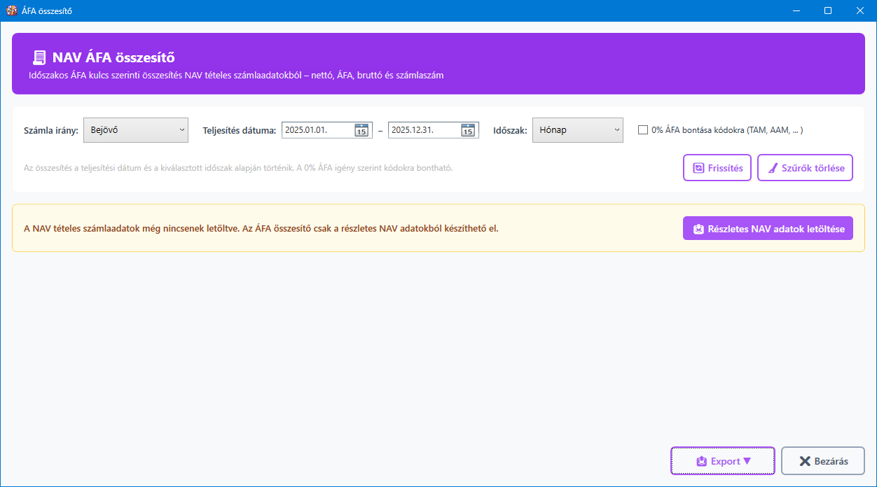 NAV ÁFA összesítő hiányzó NAV adatok