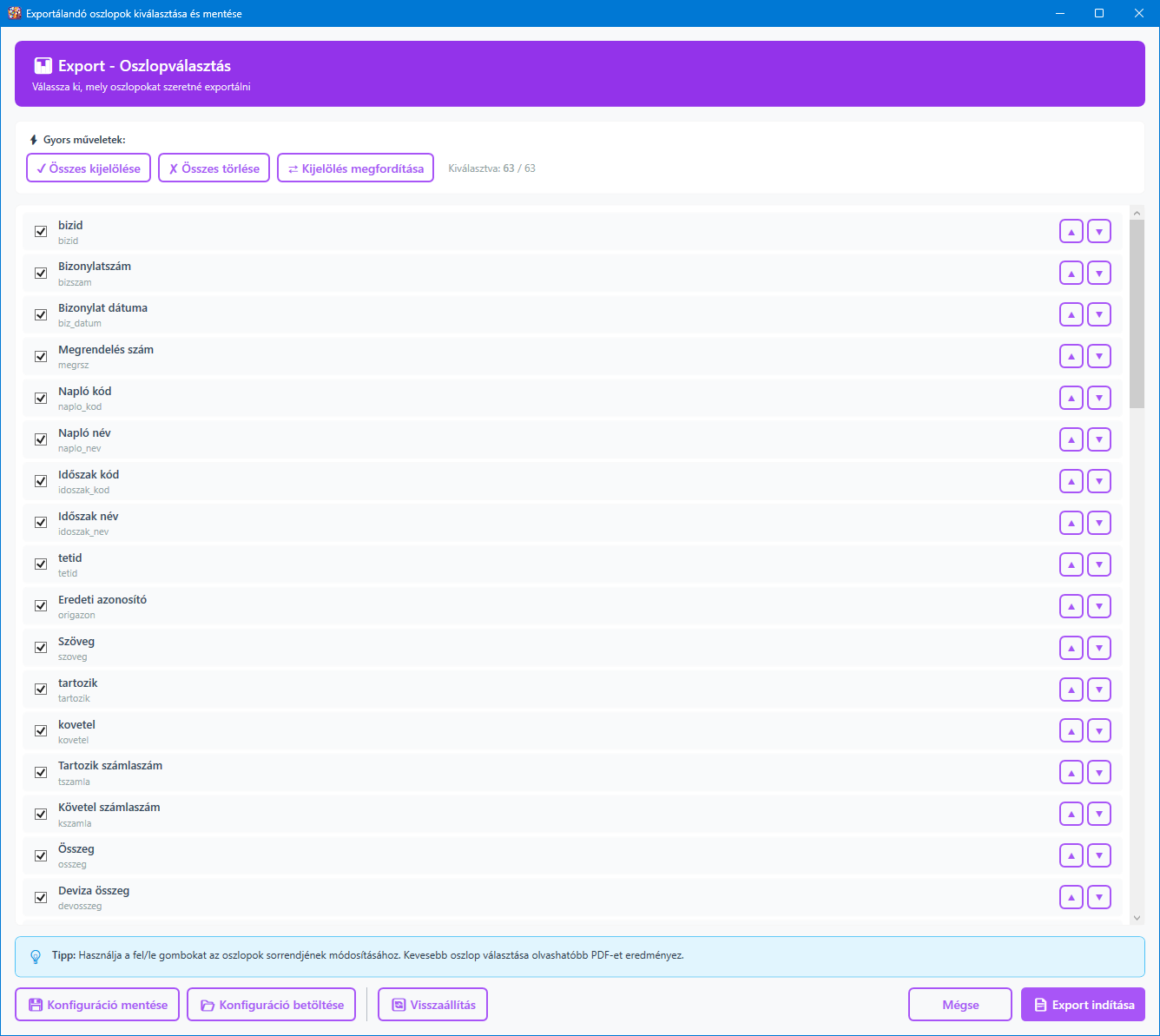 Export oszlopválasztó ablak