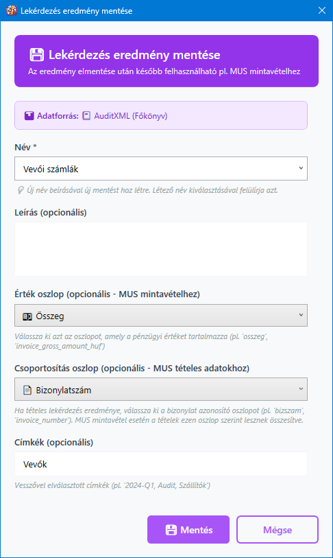 Eredmény mentése ablak
