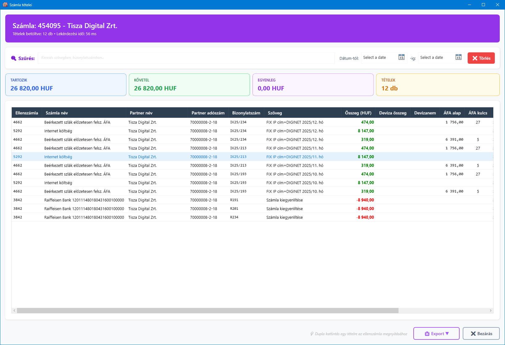 Számla részletei ablak