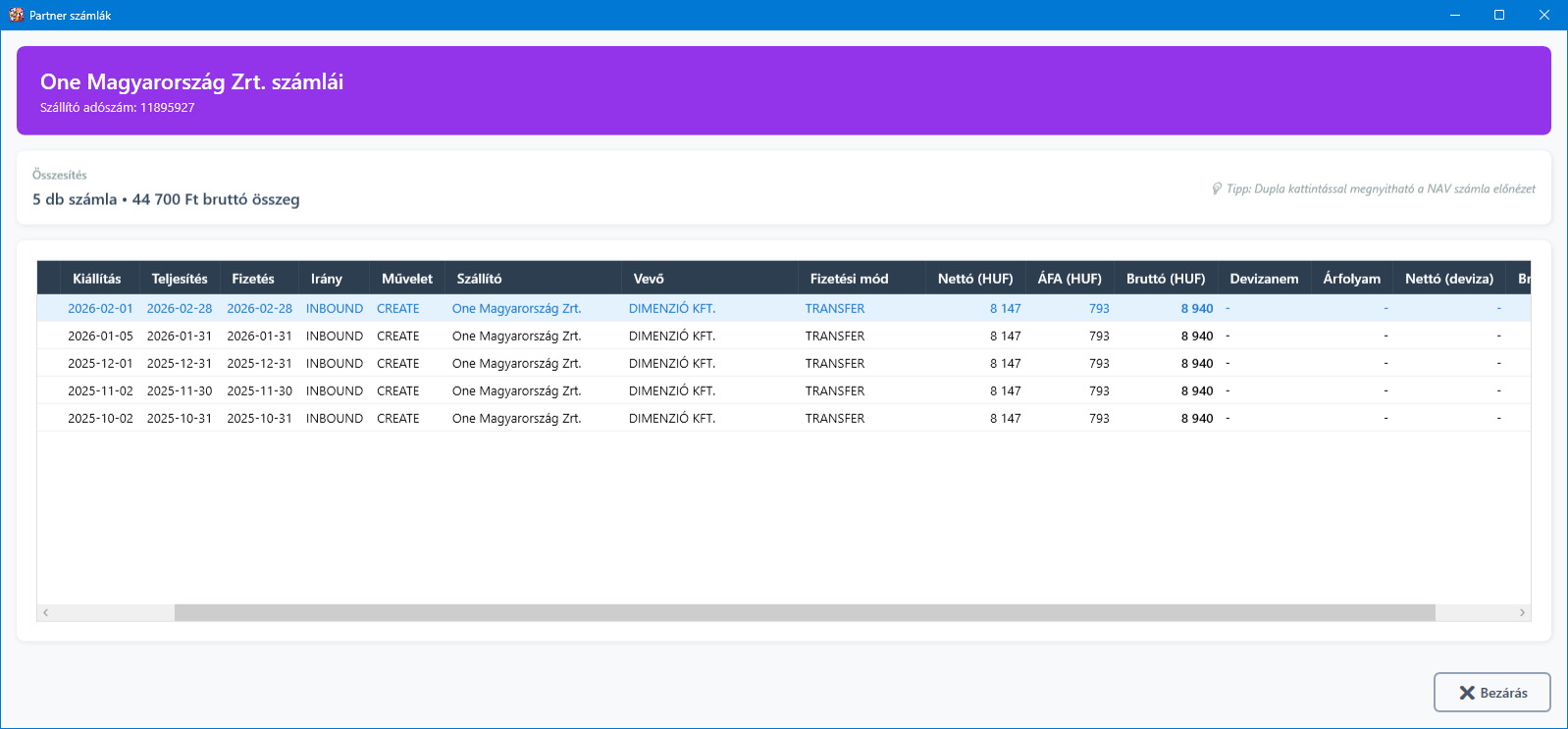NAV partner számlái ablak