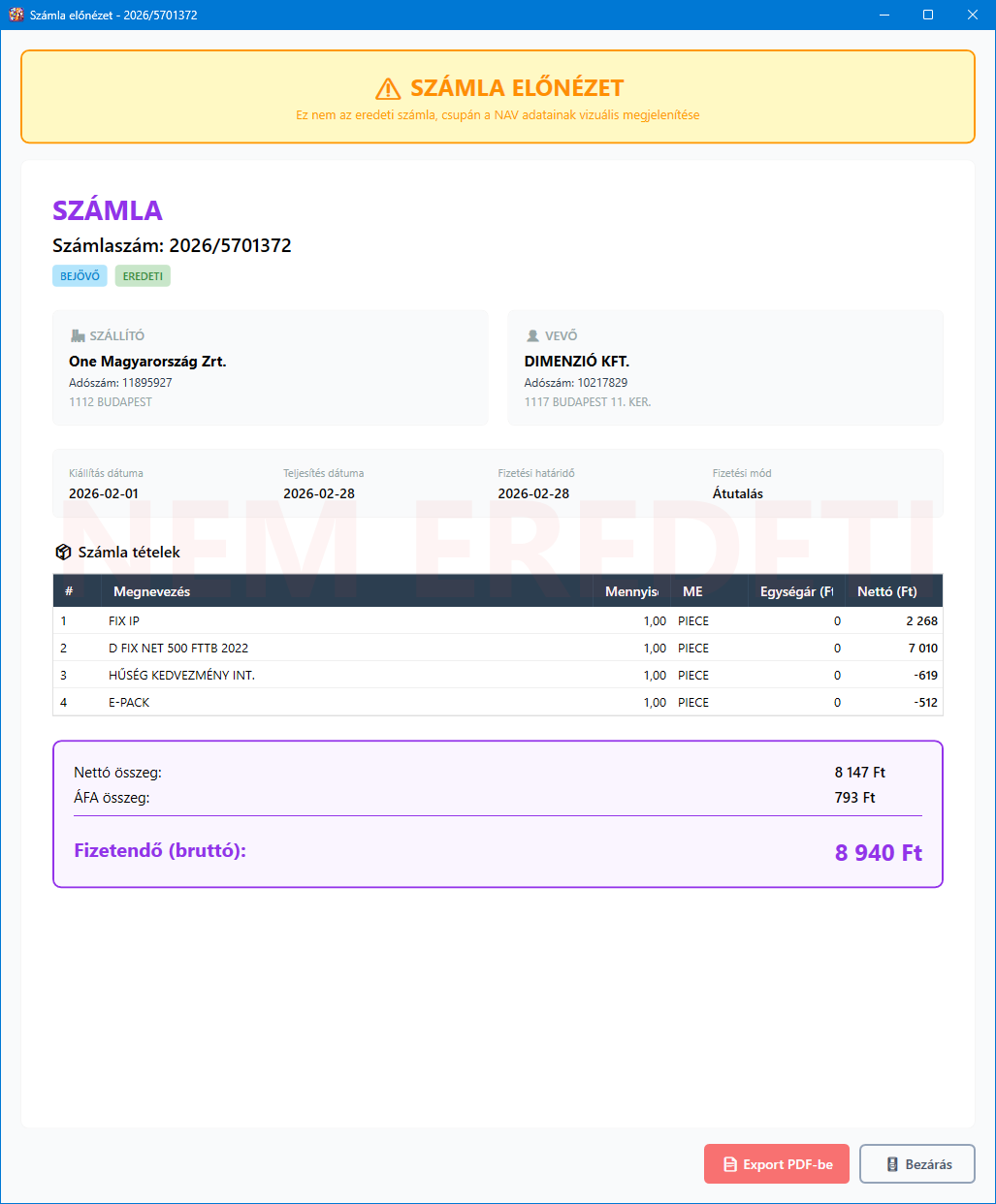 NAV számla előnézet ablak