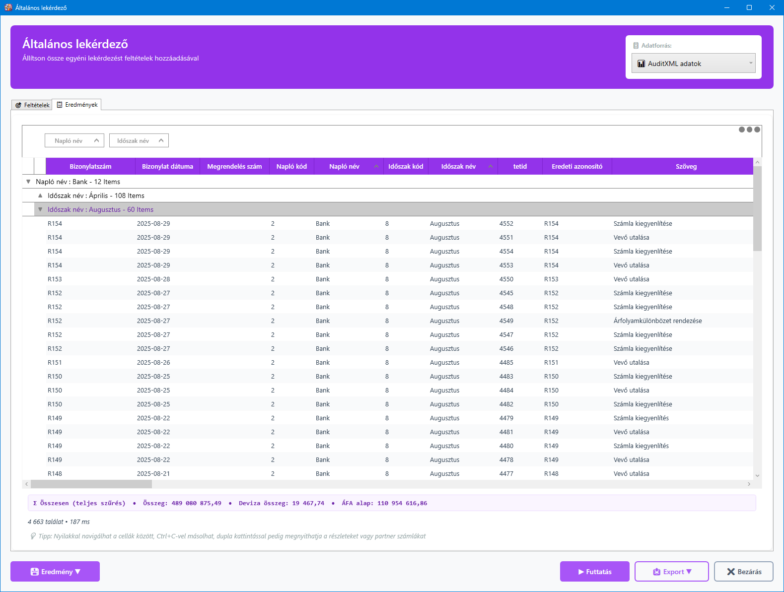 Csoportosítás az eredménytáblában