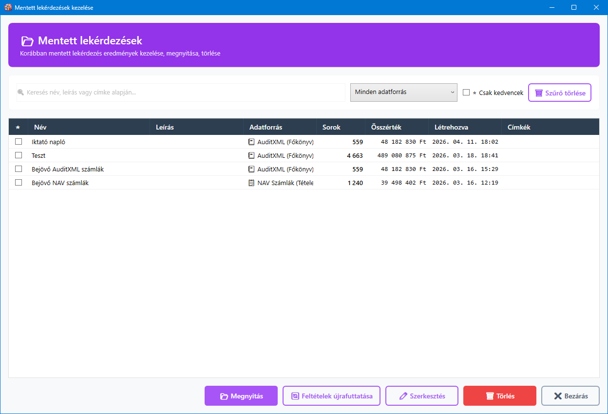 Mentett lekérdezések kezelése főképernyő